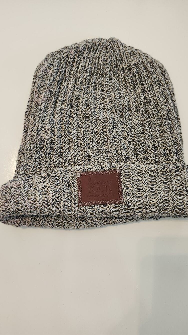 Love Your Melon Cuffed Beanie Hat Speckled Marled Knit Leather Patch #577